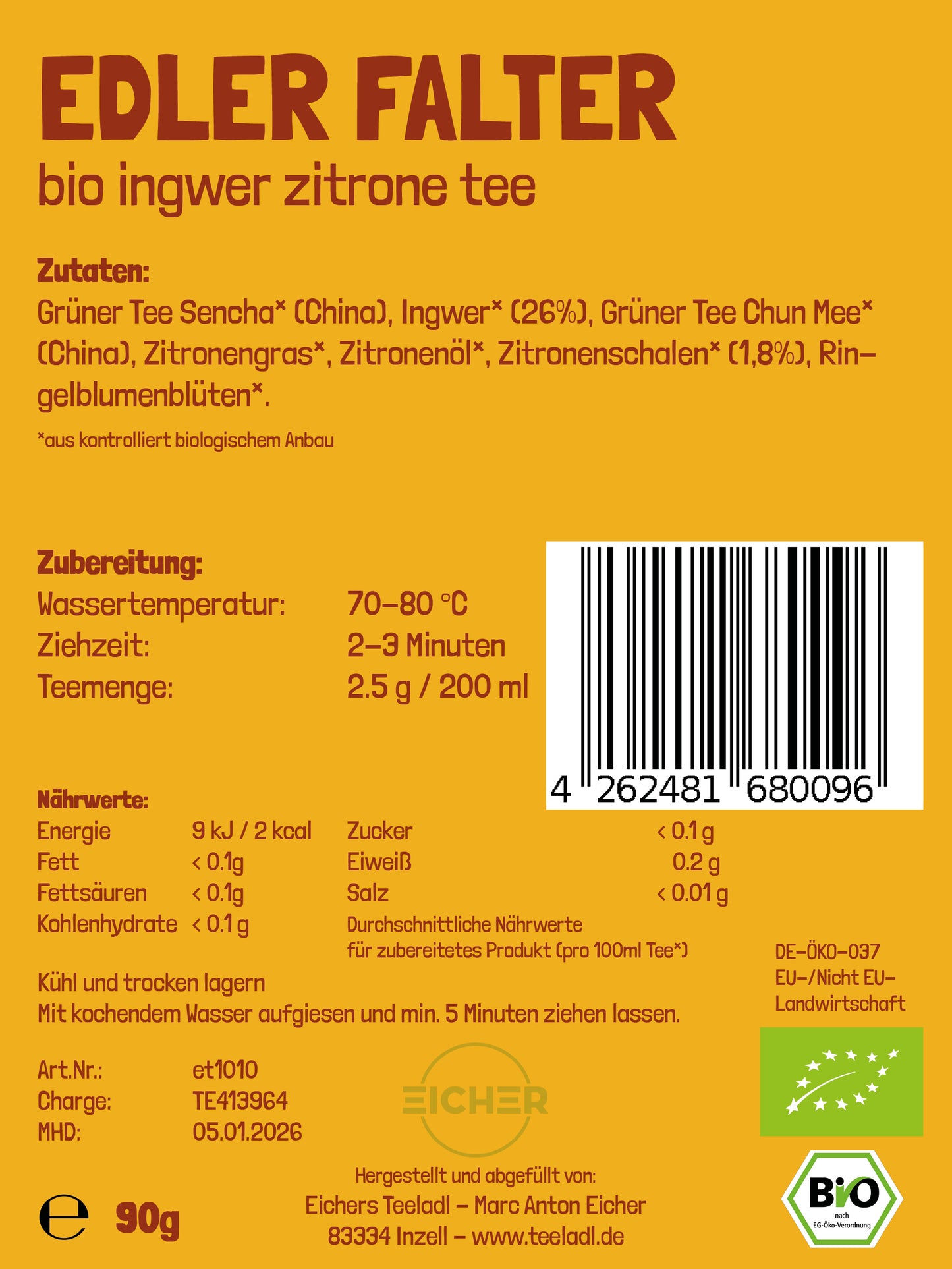 Edler Falter - Bio Grüner Tee Sencha (China) Ingwer Zitrone