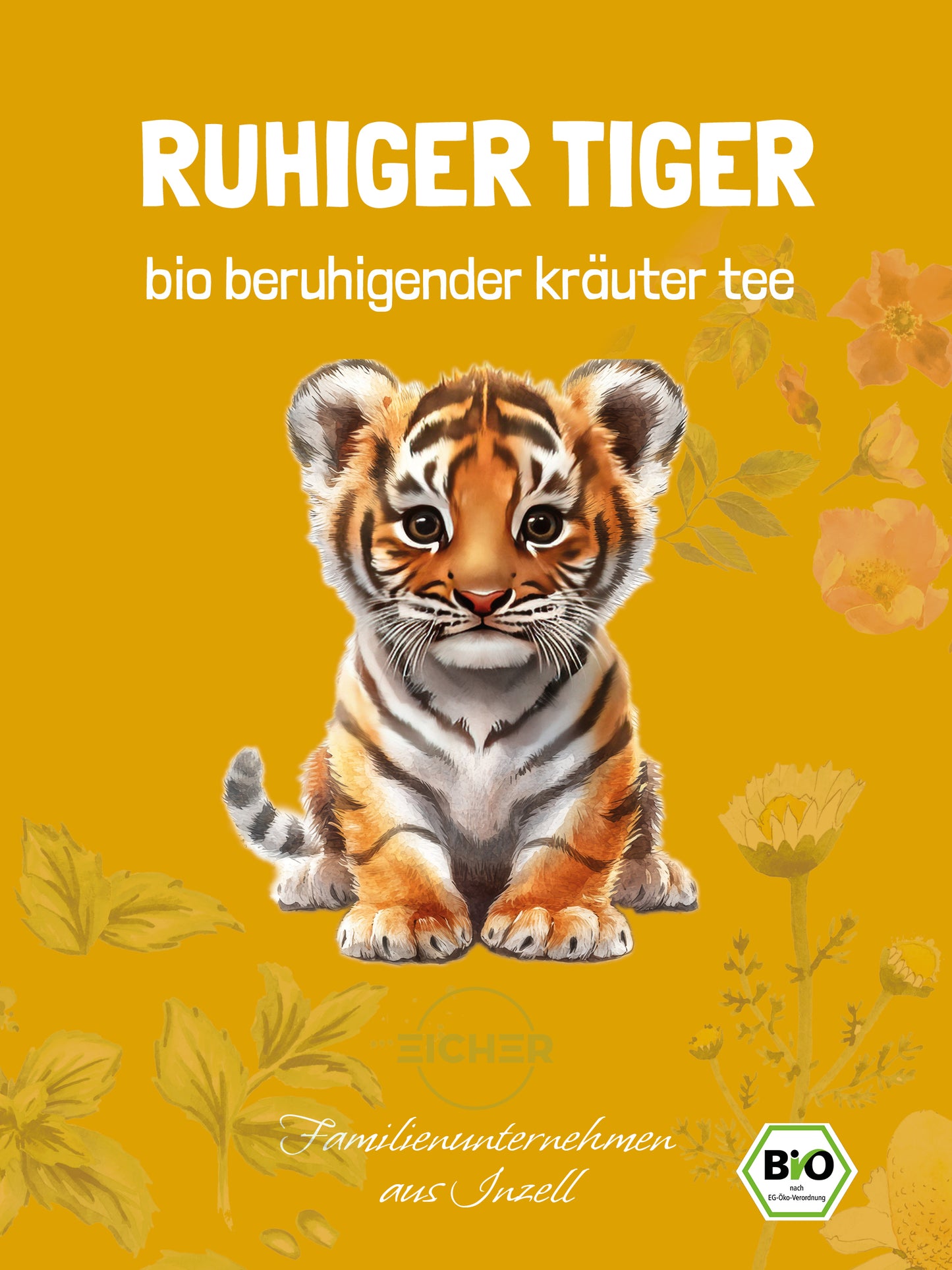 Ruhiger Tiger ist ein beruhigender Bio Kräutertee. Abgebildet ist ein gemahlener kleiner Tiger vor einem orange gelben Hintergrund mit Pfefferminz Blättern, Kamillen- und Hagebuttenblüten.