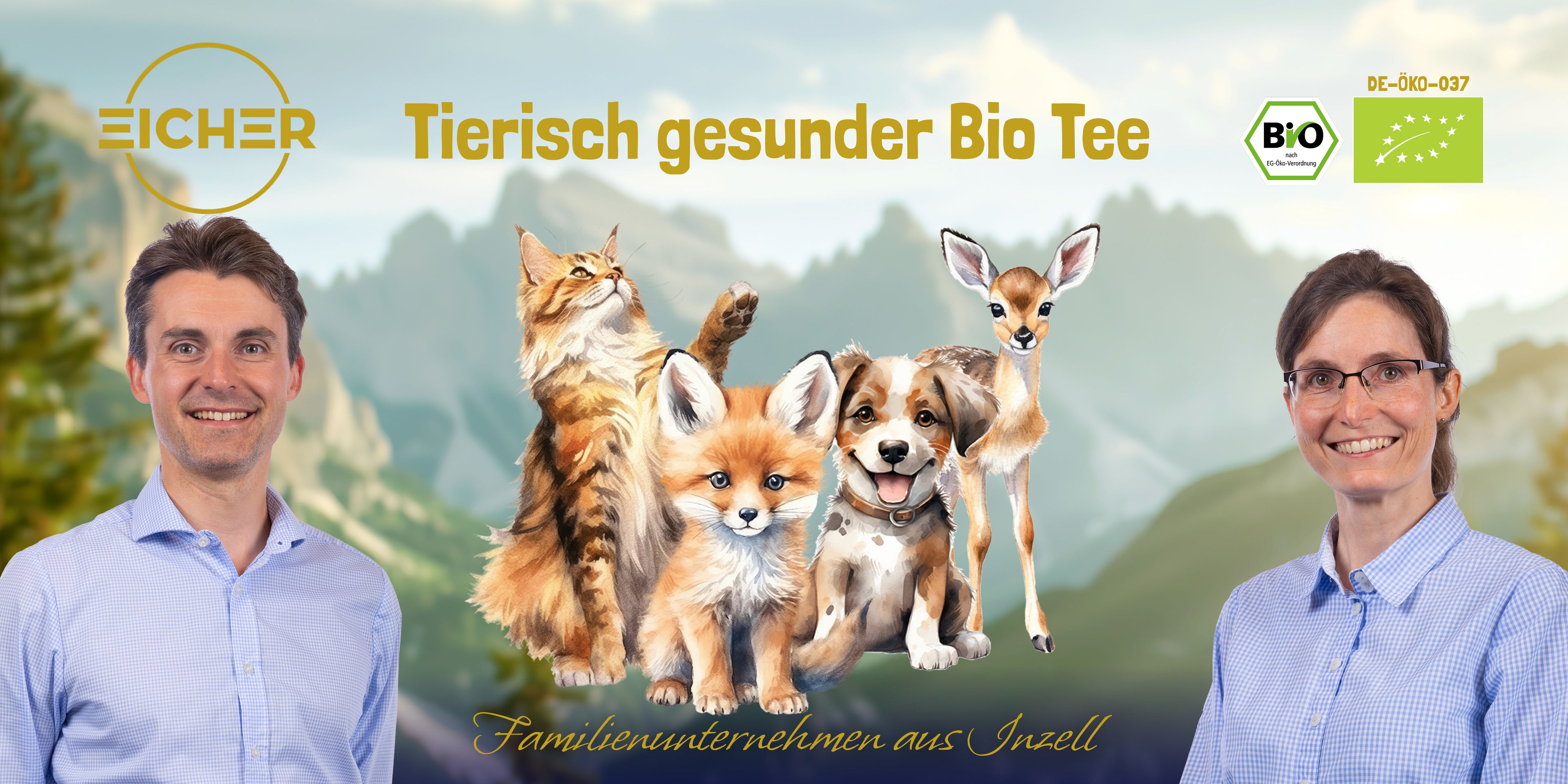 Auf dem Headder Foto ist Steffi und Marc Anton Eicher dargestellt, die vor einem Alpenpanorama stehen. In der Mitte des Fotos ist eine gemahlene Katze, Hund, Fuchs und ein Reh zu sehen. Diese Tiere Symolisieren die Etikettensprache der Teesorten der Bio Teemanufaktur Eicher. Links oben ist das Logo Eicher zu sehen. Auf der Rechten Seite das Bio Siegel mit der Nummer DE-ÖKO-037