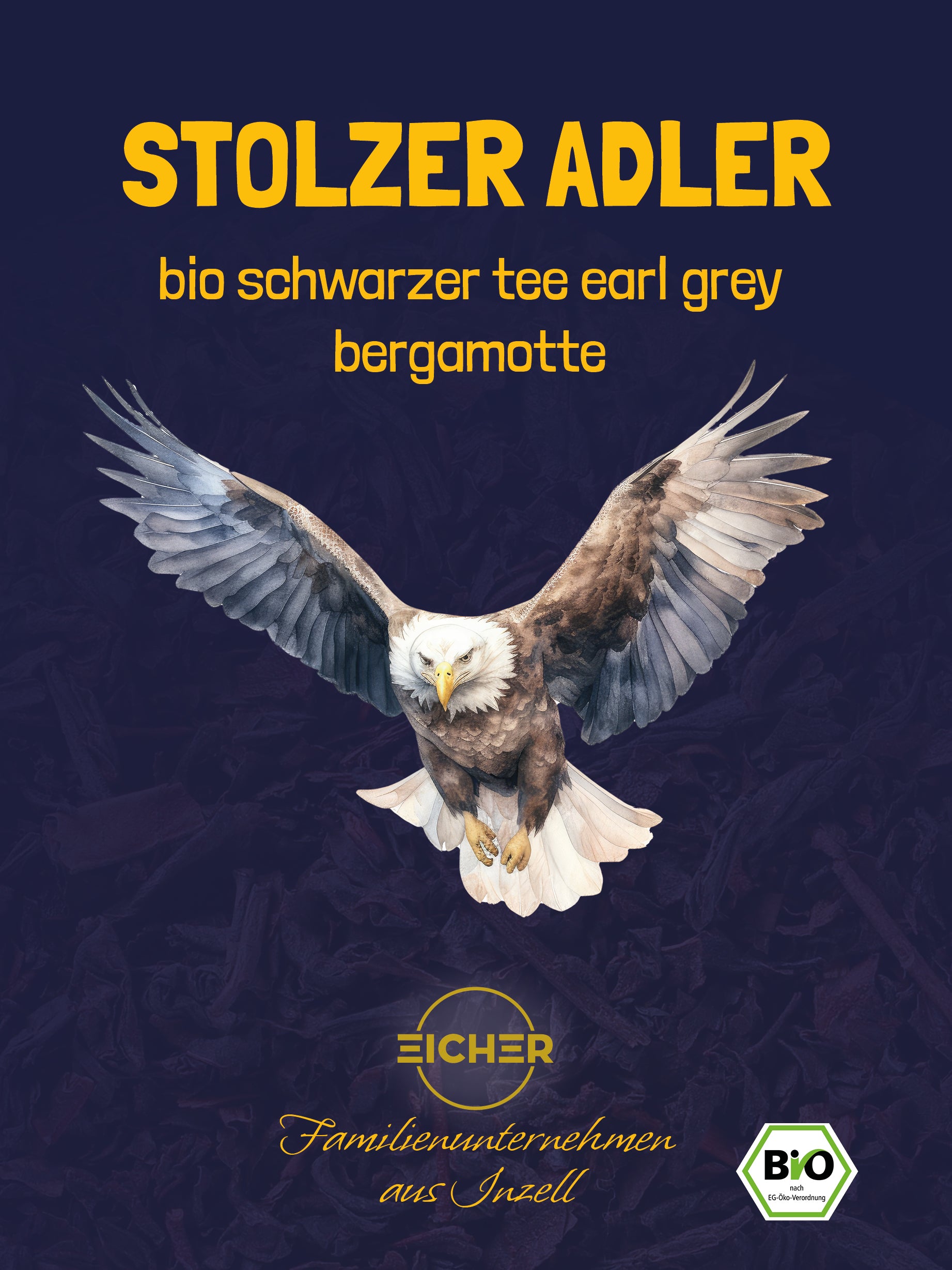 Stolzer Adler der Bio schwarze Tee Earl Grey mit Bergamotte. Gemalter fliegender Adler vor dunkel blauen Hintergrund mit Tee Blätter im Hintergrund