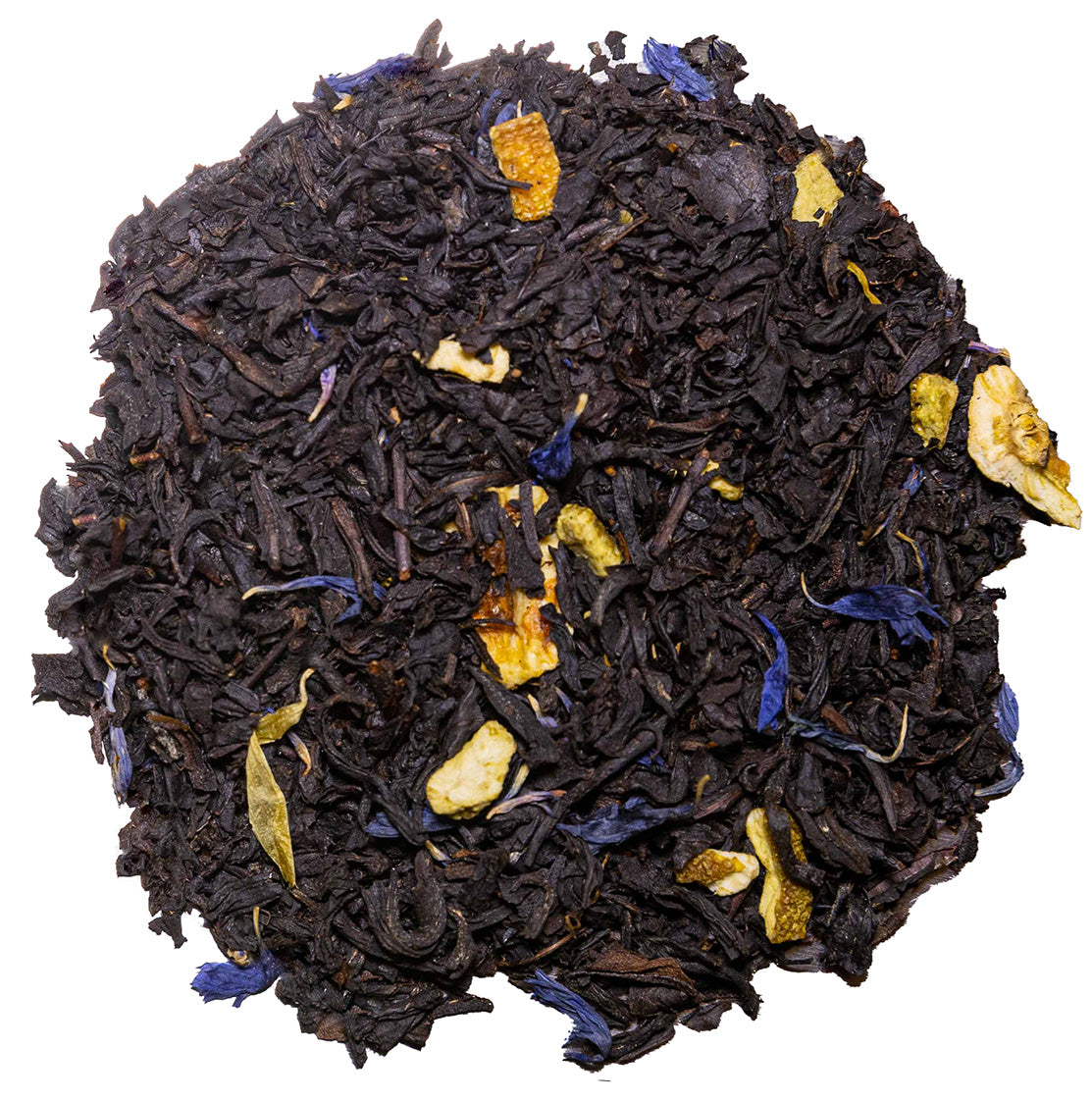 Schwarzteemischung* (China), Schwarzer Tee Assam* (Indien), Orangenöl*, Orangenschalen*, Bergamottöl*, Bergamottenschalen*, Ringelblumenblüten*, Kornblumenblüten*. *aus kontrolliert biologischem Anbau